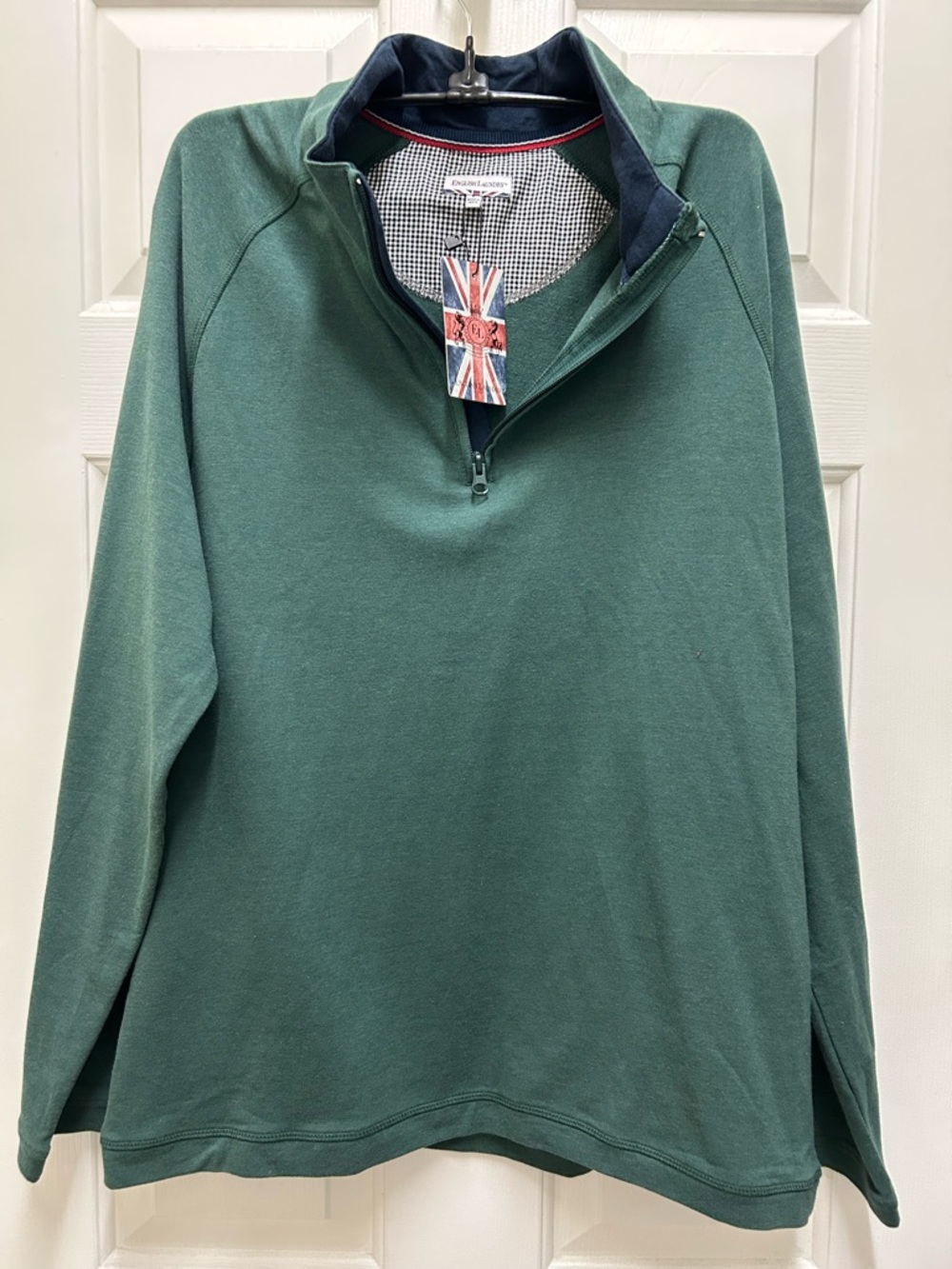 NWT Retail $75 English Laundry Forest Green Quarter-Zip Pullover with Navy Trim